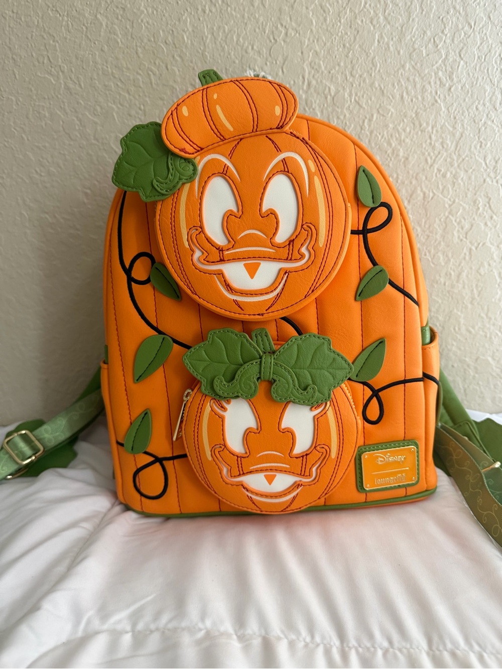 Disney Donald Duck and Daisy Orange Pumpkin Patch Mini Backpack with Green Leaf